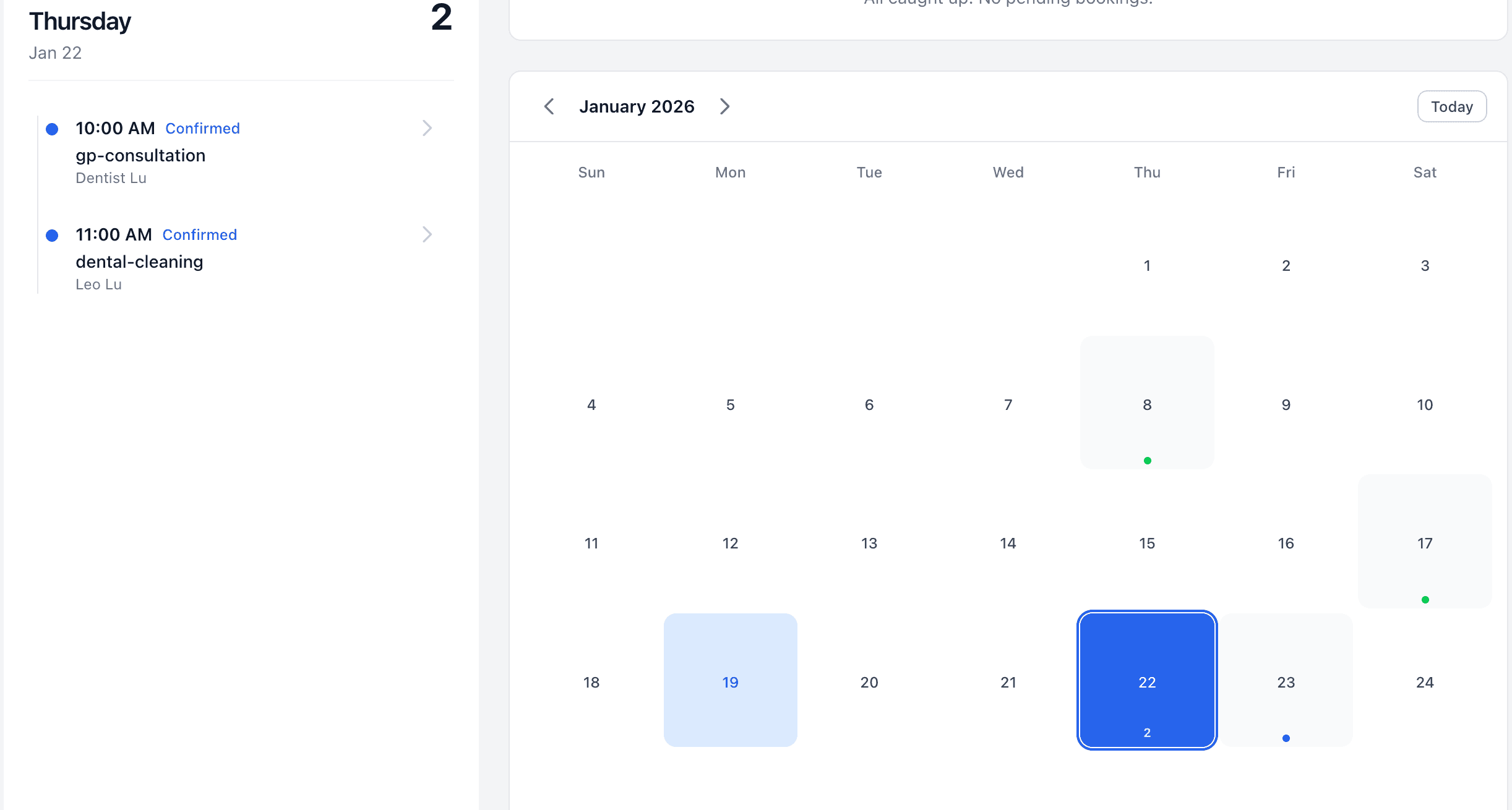 Calendar and booking management interface